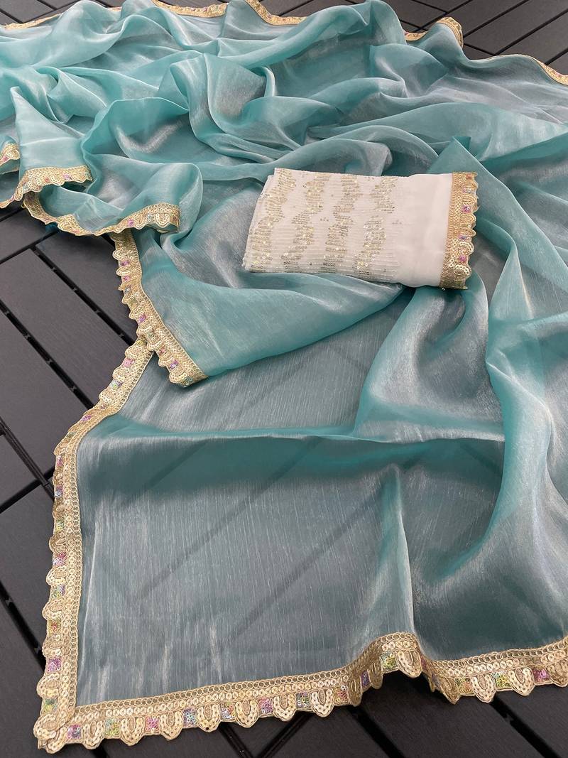 Rama multicolor sequece embroidery work  saree with blouse