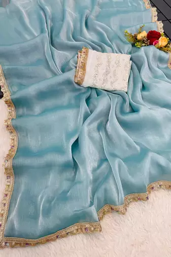 Rama multicolor sequece embroidery work  saree with blouse