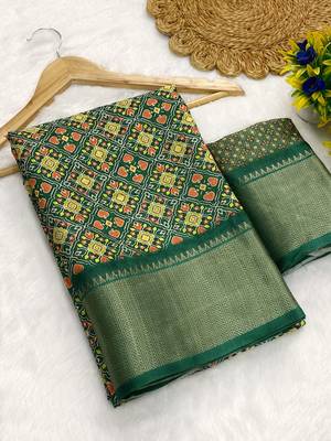 Green digital print dola silk blend saree with blouse 1