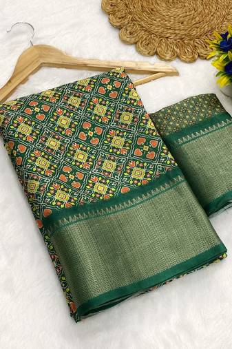 Green digital print dola silk blend saree with blouse