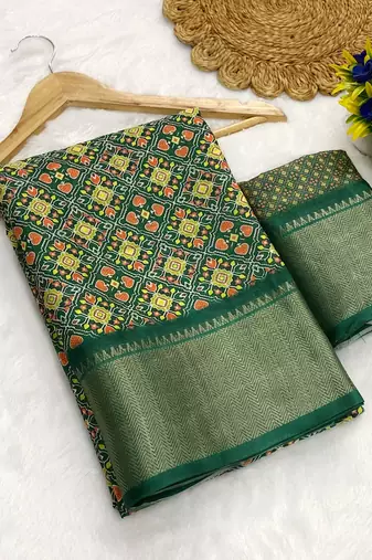 Green digital print dola silk blend saree with blouse