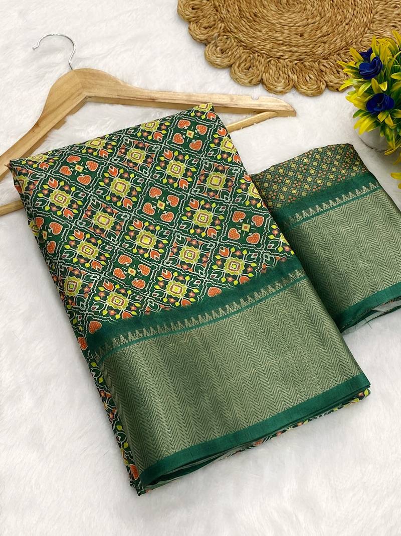 Green digital print dola silk blend saree with blouse