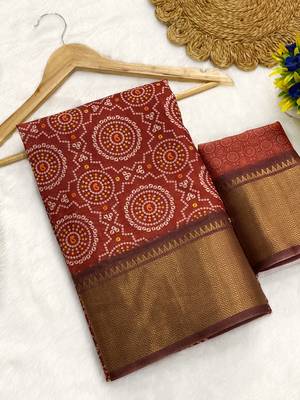 Maroon digital print dola silk blend saree with blouse 1