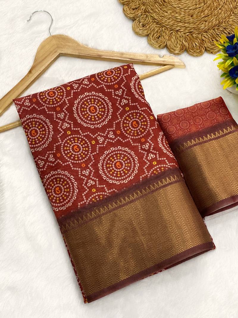 Maroon digital print dola silk blend saree with blouse