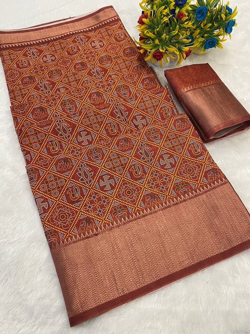 Maroon digital print dola silk blend saree with blouse