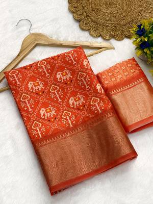 Orange digital print dola silk blend saree with blouse 1