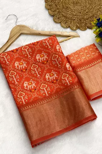 Orange digital print dola silk blend saree with blouse