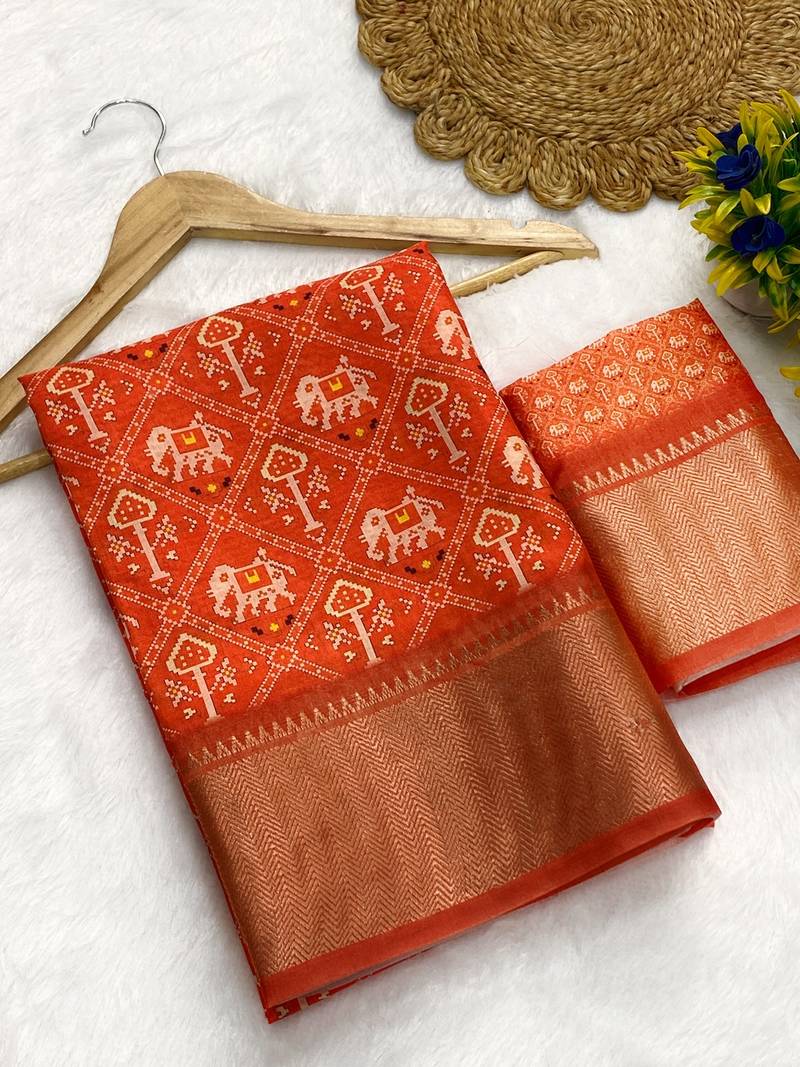 Orange digital print dola silk blend saree with blouse