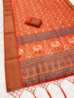 Orange digital print dola silk blend saree with blouse 2