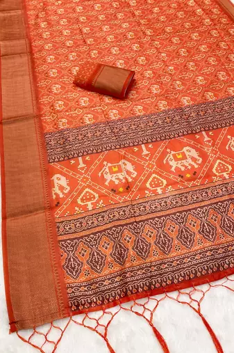 Orange digital print dola silk blend saree with blouse