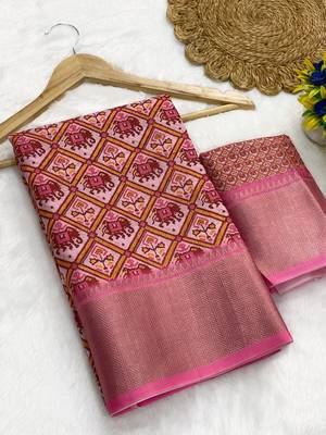 Baby pink digital print dola silk blend saree with blouse 1