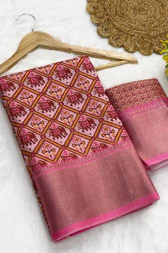 Baby pink digital print dola silk blend saree with blouse