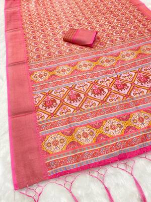 Baby pink digital print dola silk blend saree with blouse 2