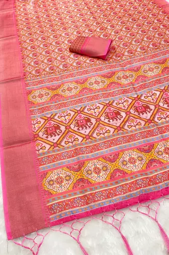 Baby pink digital print dola silk blend saree with blouse