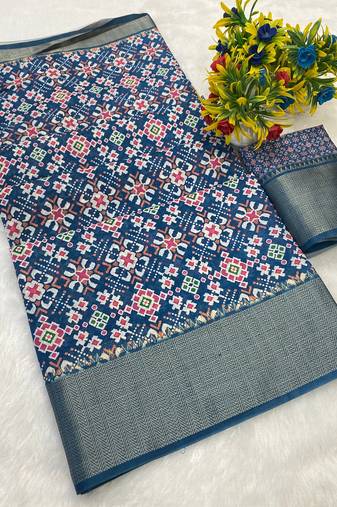 Blue digital print dola silk blend saree with blouse