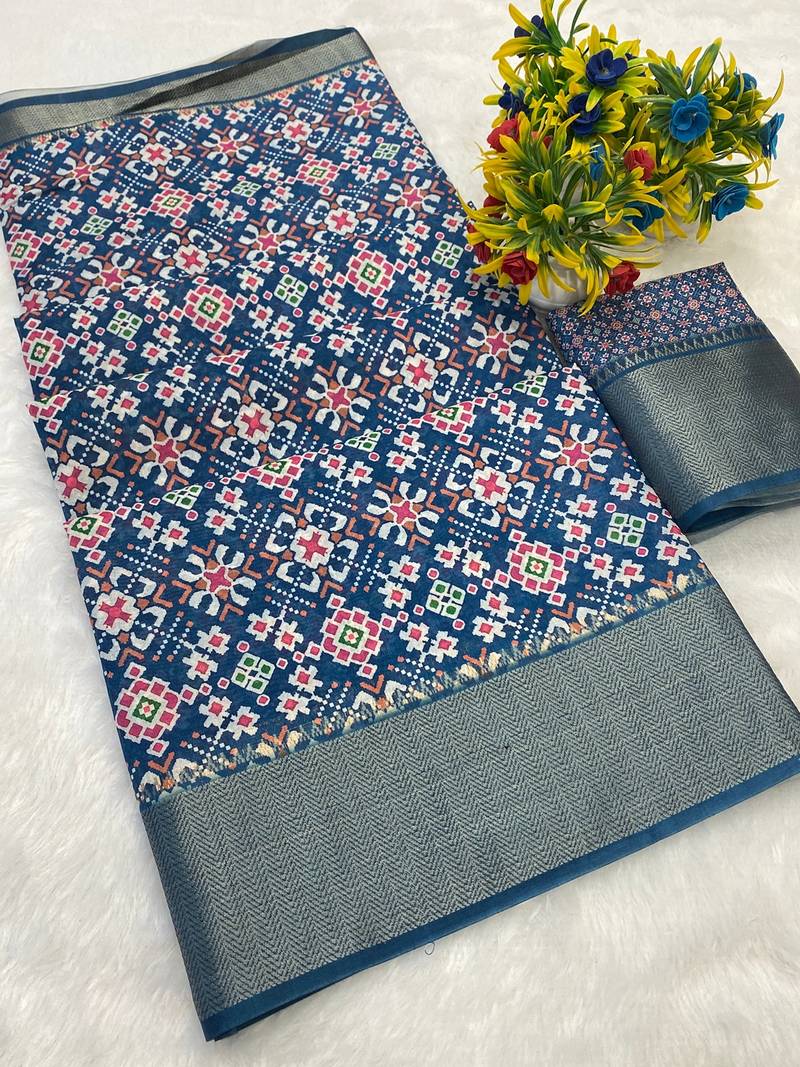 Blue digital print dola silk blend saree with blouse