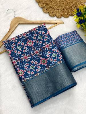 Blue digital print dola silk blend saree with blouse 2