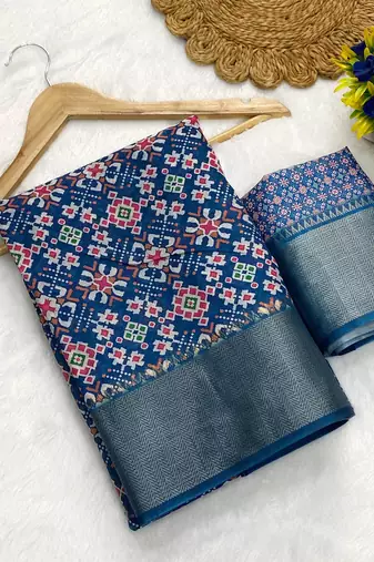 Blue digital print dola silk blend saree with blouse