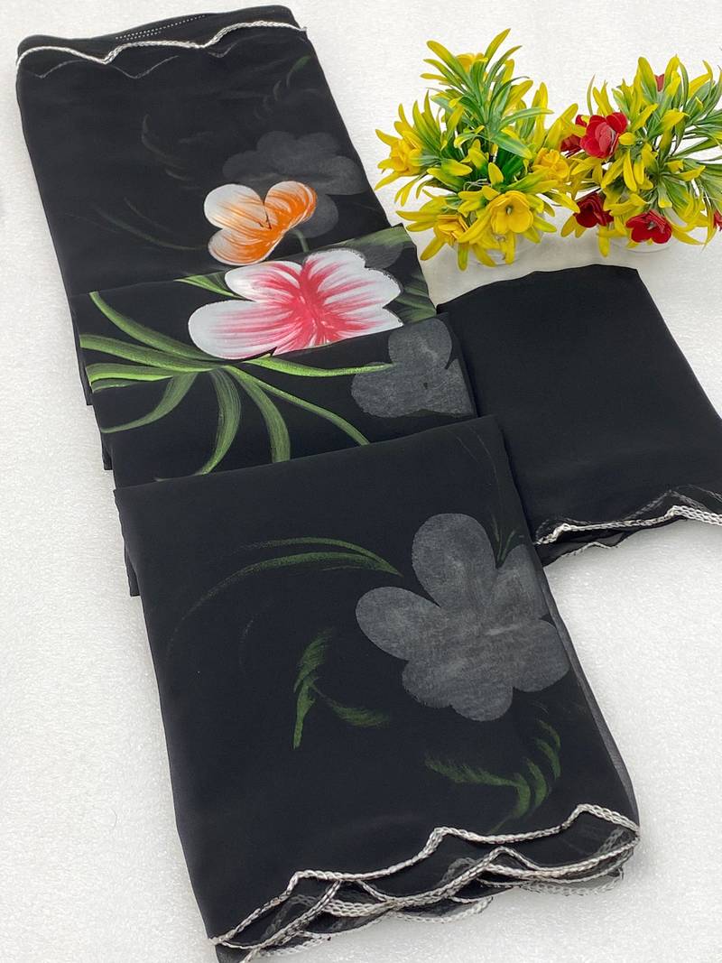 Black brush paint georgette saree with blouse