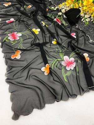 Black brush paint georgette saree with blouse 2