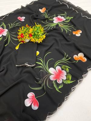 Black brush paint georgette saree with blouse 3