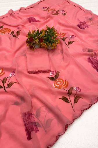 Gajari brush paint georgette saree with blouse