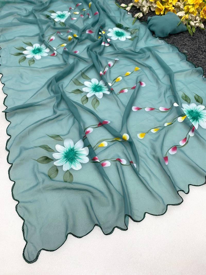 Grey brush paint georgette saree with blouse