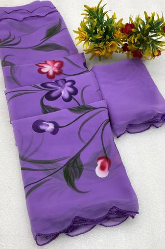 Lavender brush paint georgette saree with blouse