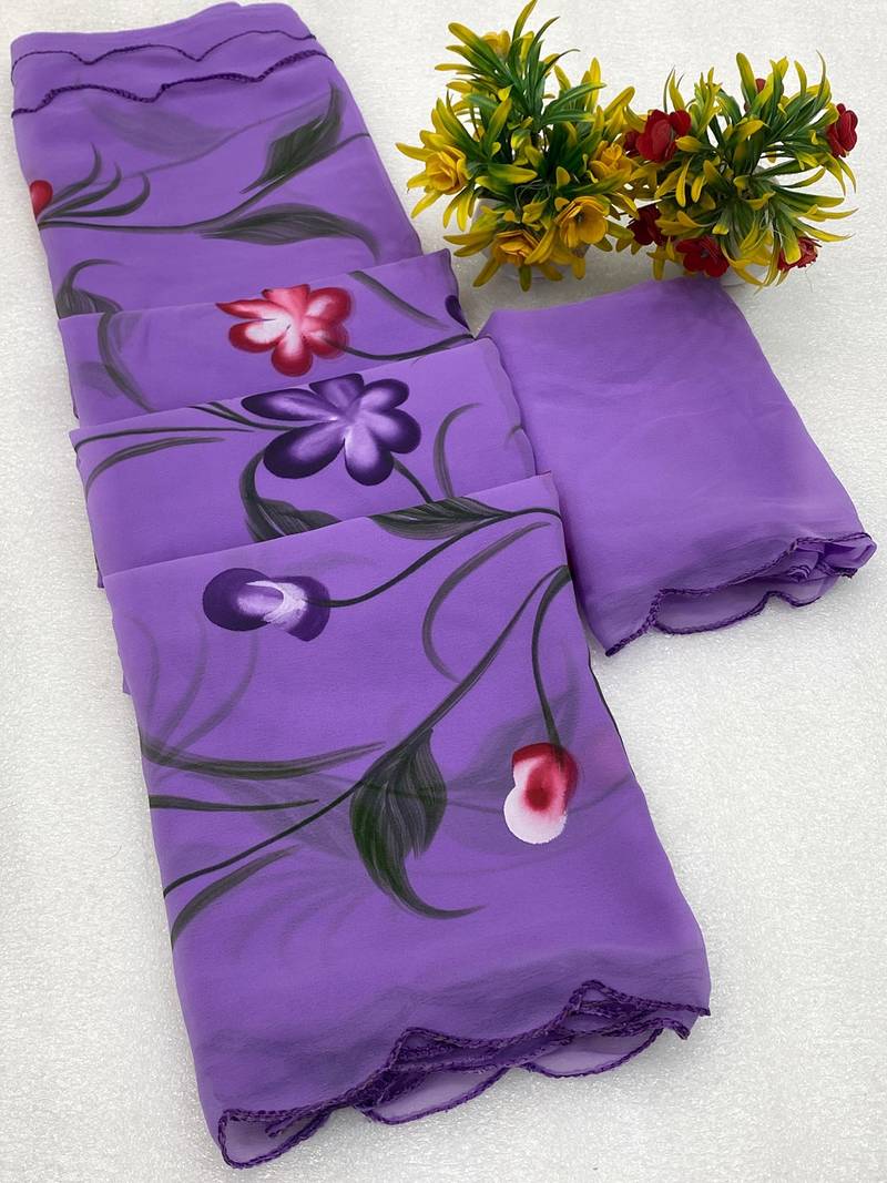 Lavender brush paint georgette saree with blouse