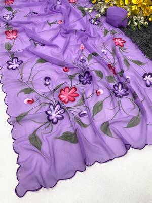 Lavender brush paint georgette saree with blouse 2