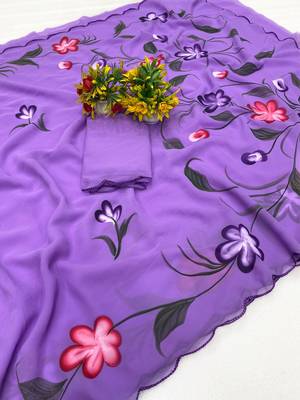 Lavender brush paint georgette saree with blouse 3