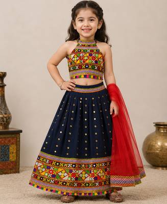 Navy blue mirror work cotton halter neck kids lehenga choli with dupatta  1