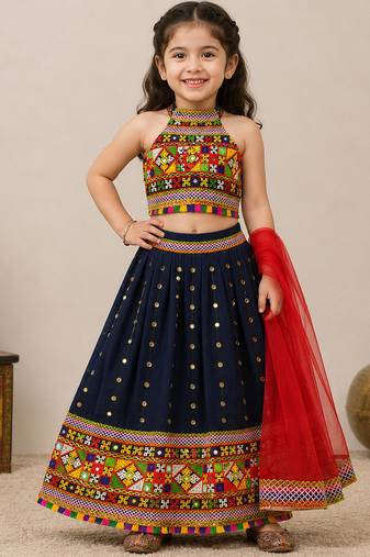 Navy blue mirror work cotton halter neck kids lehenga choli with dupatta 