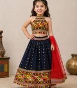 Navy blue mirror work cotton halter neck kids lehenga choli with dupatta 