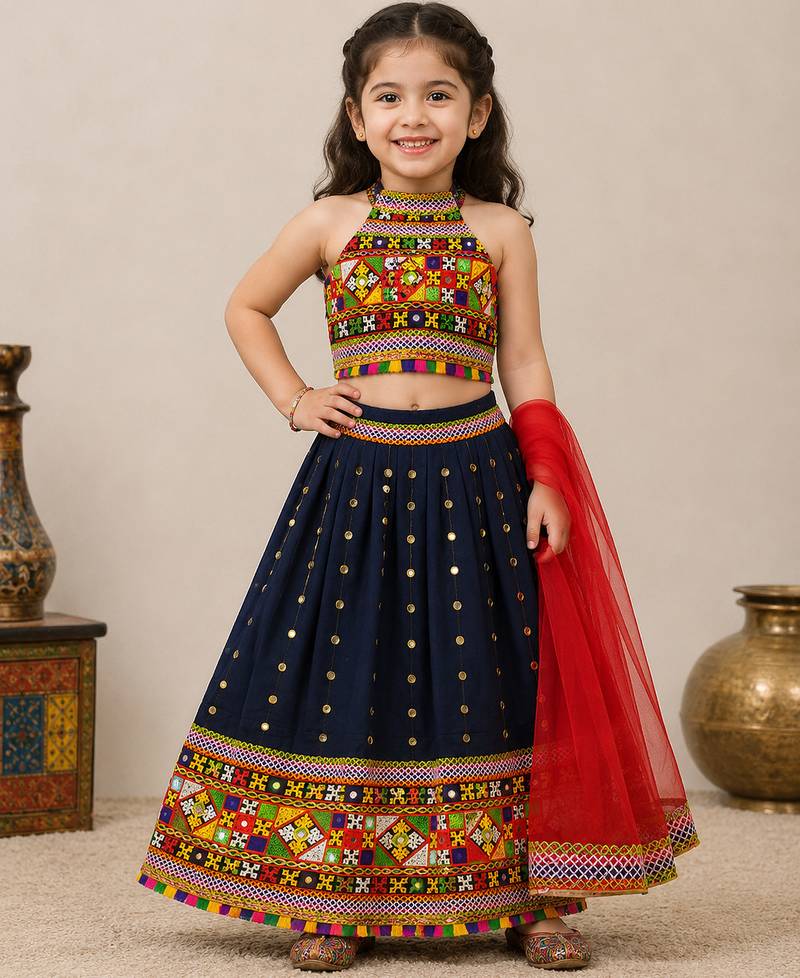 Navy blue mirror work cotton halter neck kids lehenga choli with dupatta 