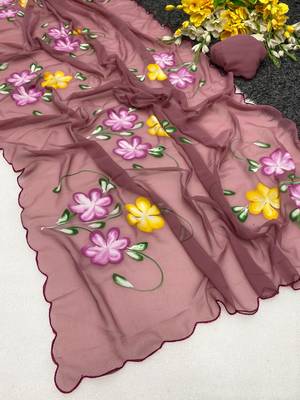 Onion brush paint georgette saree with blouse 2