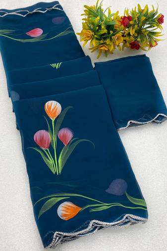 Petrol brush paint georgette saree with blouse