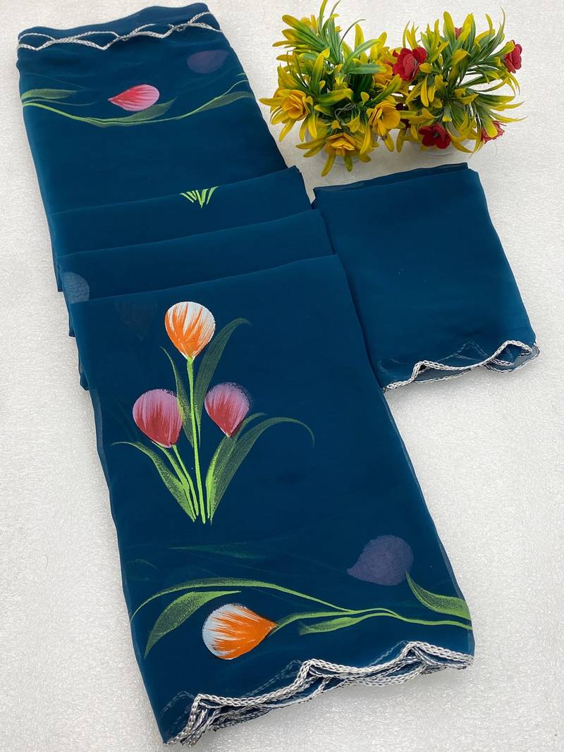 Petrol brush paint georgette saree with blouse
