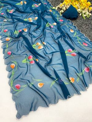 Petrol brush paint georgette saree with blouse 2