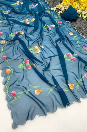 Petrol brush paint georgette saree with blouse