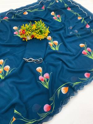 Petrol brush paint georgette saree with blouse 3