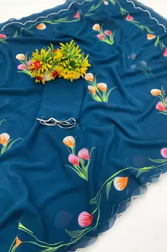 Petrol brush paint georgette saree with blouse