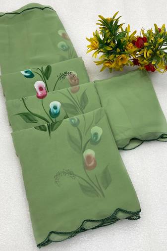 Pista brush paint georgette saree with blouse