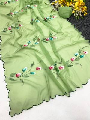 Pista brush paint georgette saree with blouse 2