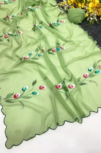 Pista brush paint georgette saree with blouse