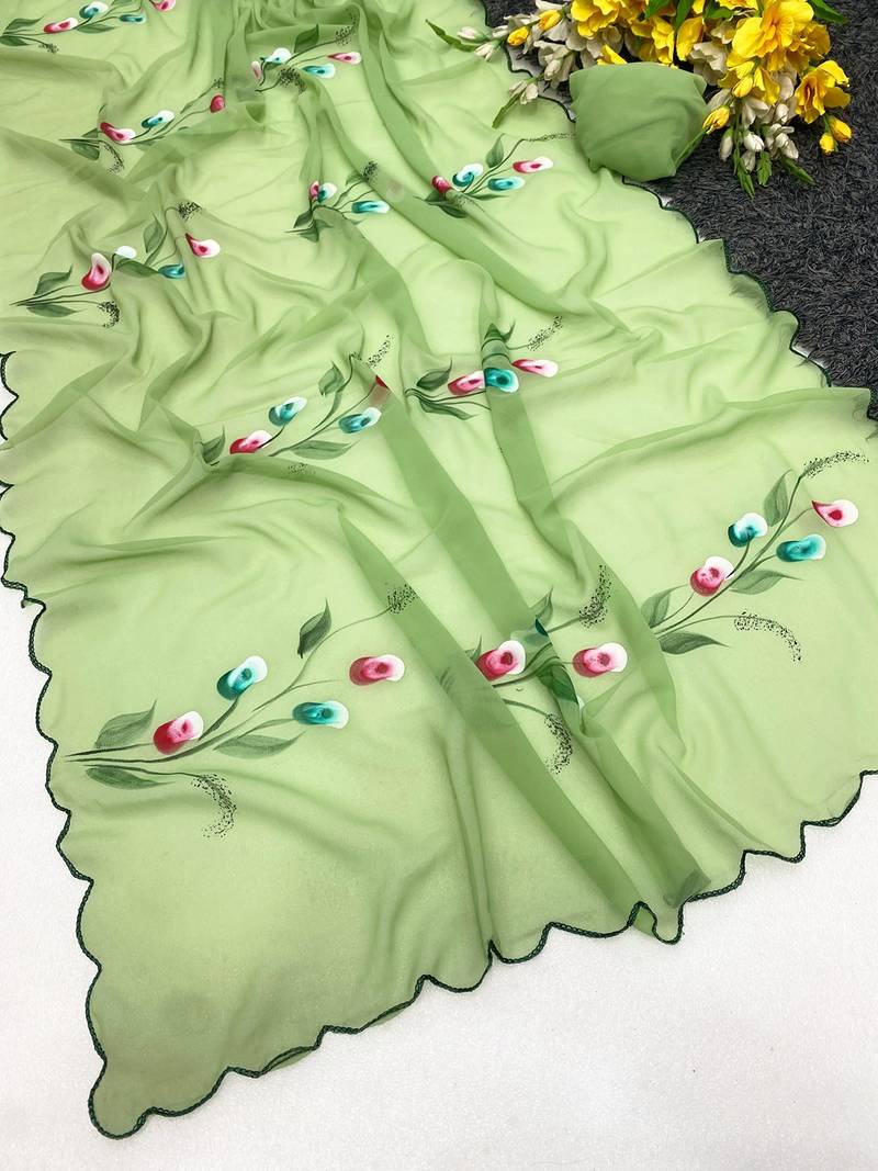 Pista brush paint georgette saree with blouse