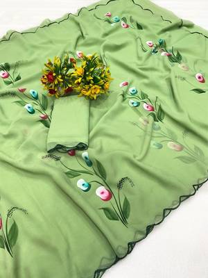 Pista brush paint georgette saree with blouse 3
