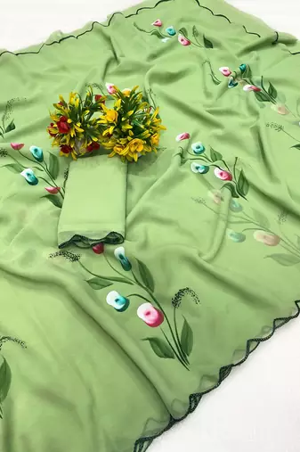 Pista brush paint georgette saree with blouse