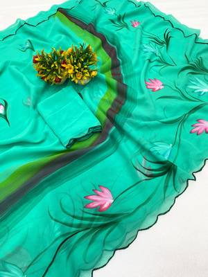 Rama brush paint georgette saree with blouse 3