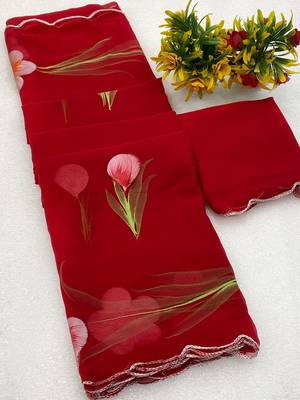 Red brush paint georgette saree with blouse 1